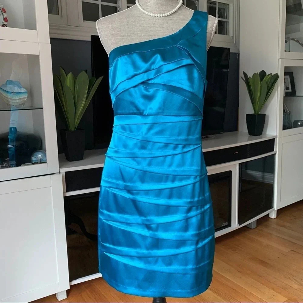 BCXDress One Shoulder Tiered Teal Satin Dress Formal Cocktail Stretch Sz 13 NWT